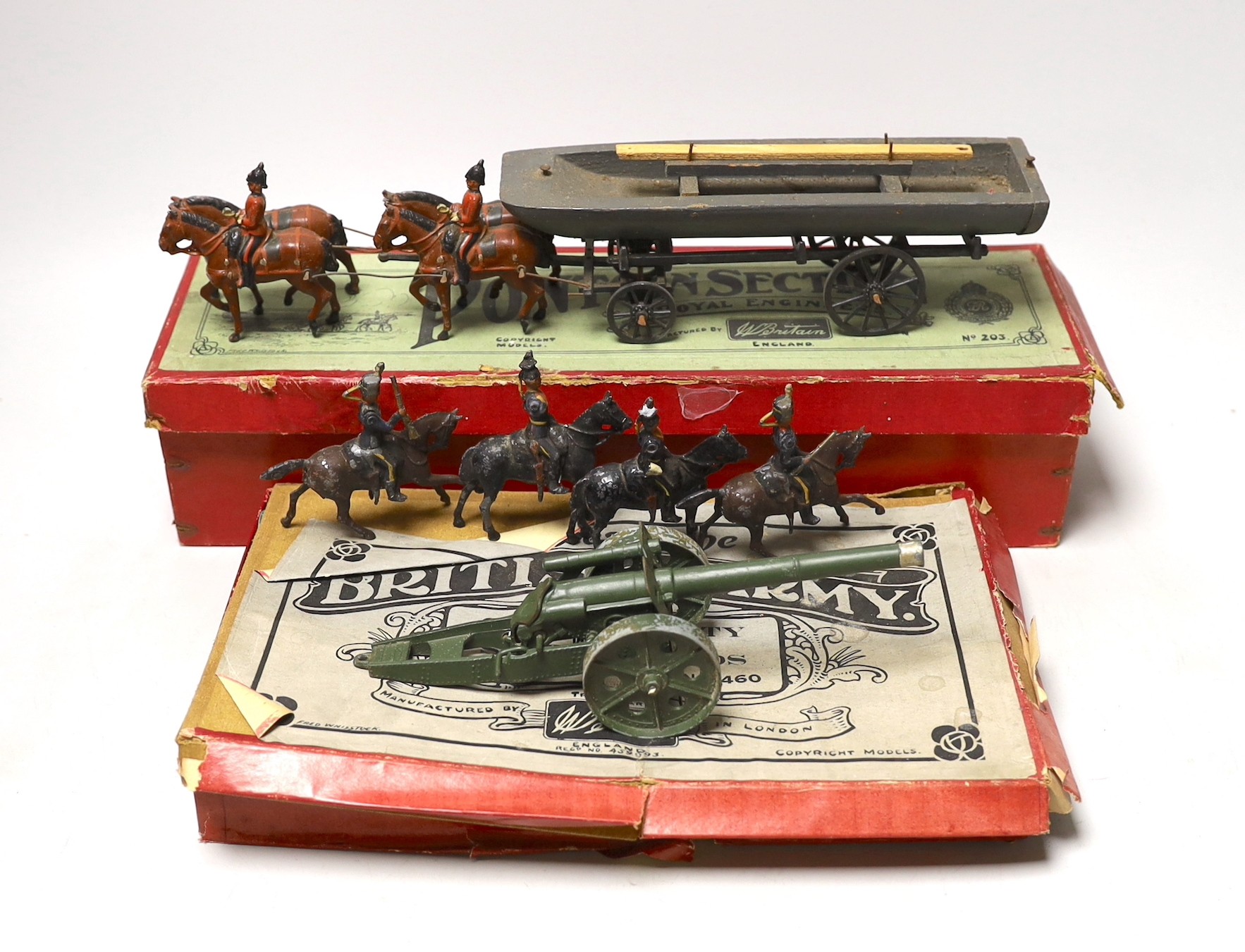 Britains set 203 Pontoon Section, 4.7 Naval Gun, both in original boxes, and cavalry now in set 460 box